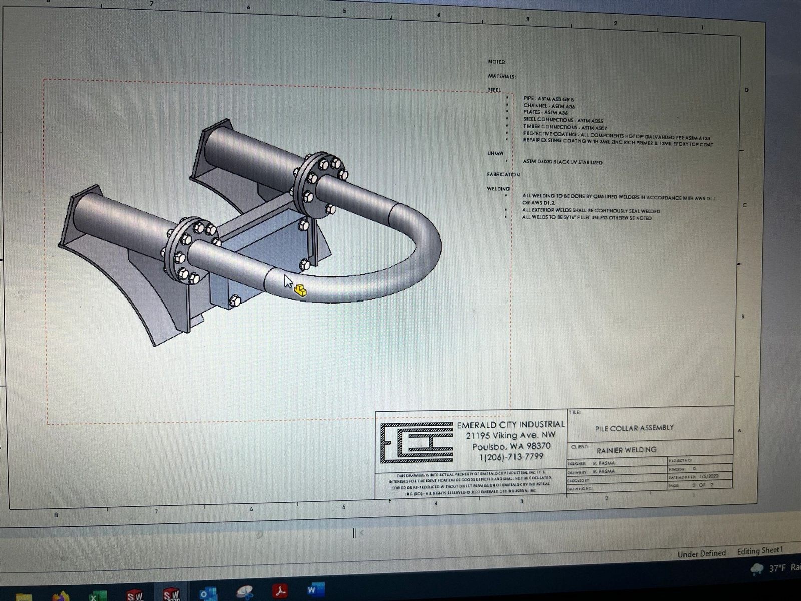 Pile collar assembly engineering drawing on screen with ECI title block